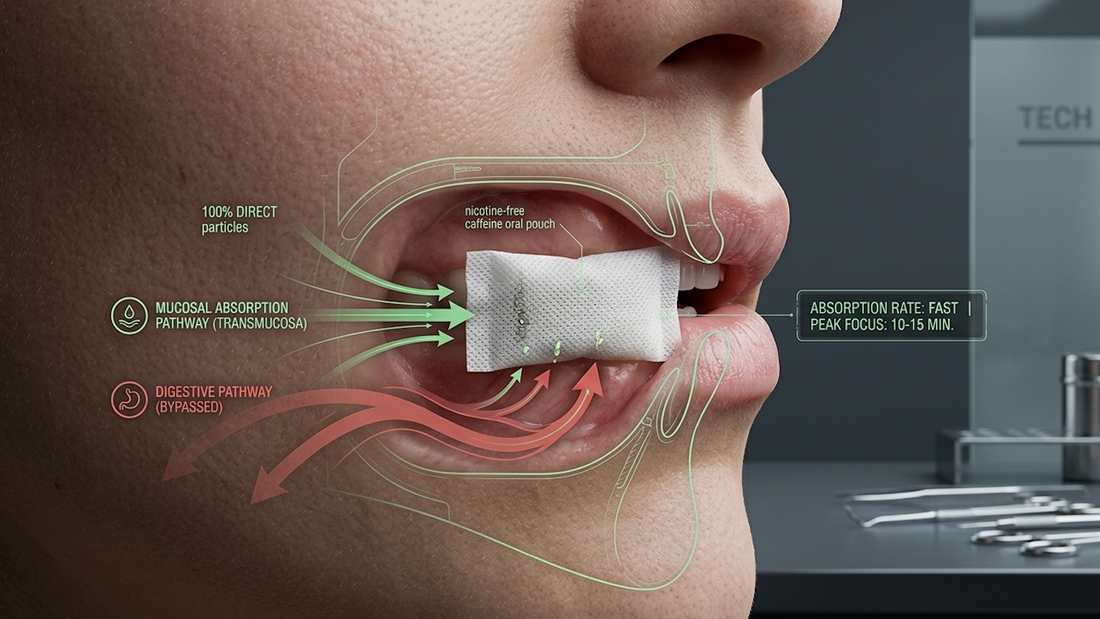 Esquema técnico de absorción transmucosa de pouches de cafeína VapeTank