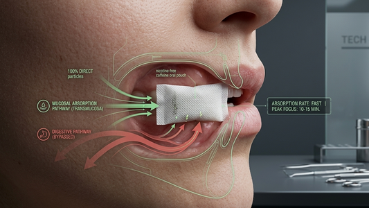 Esquema técnico de absorción transmucosa de pouches de cafeína VapeTank