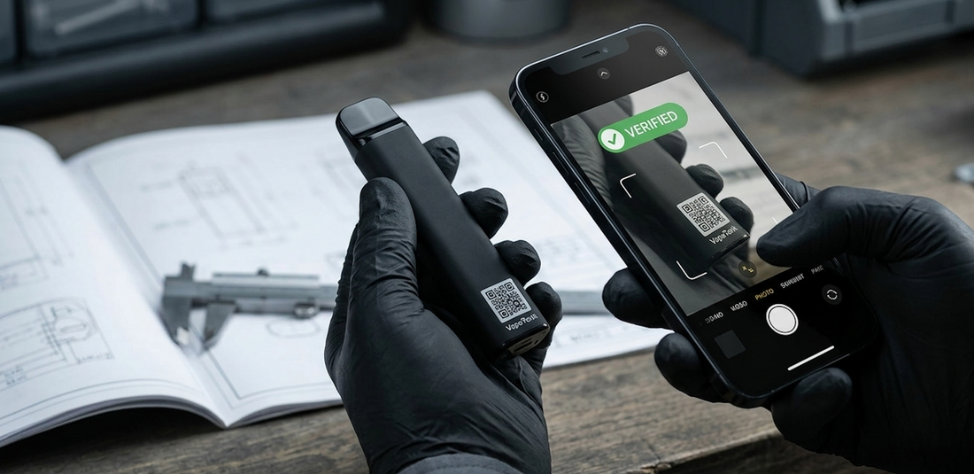 Verificación técnica de código QR de autenticidad en dispositivo VapeTank